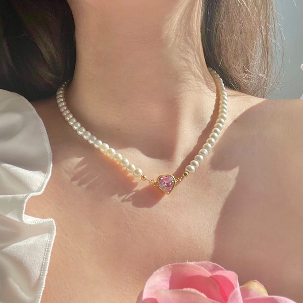 18k gold plated pink heart pearl necklace/handmade/tarnish resistant/princess /fairy/magical/best gift/ethereal