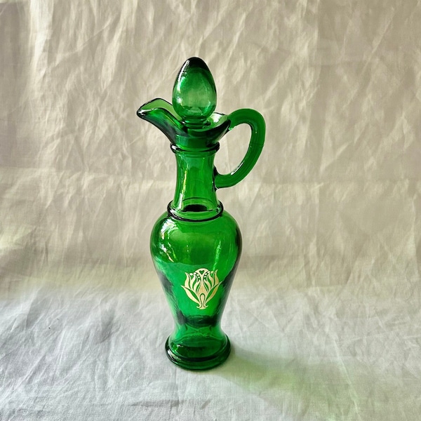 Vintage Avon Emerald Green Glass Bottle with Glass Stopper, Bath Oil Decanter Urn