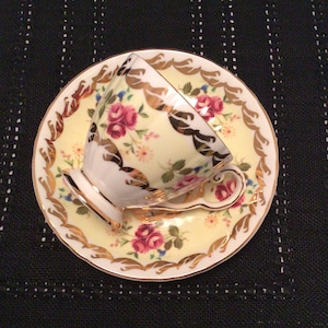 Vintage Royal Grafton Teacup and Saucer, Yellow and Gold, Red Roses,Fancy