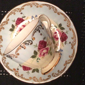 Vintage Royal Grafton Teacup and Saucer, Blue, Red and Pink Roses