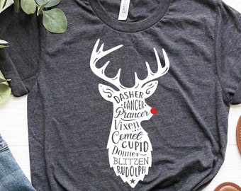 Santa's Red Nose Reindeers |Dasher Prancer Vixen Comet Cupid Donne Blitzen Rudolph| Reindeer Shirts |Christmas Shirts |  Reindeer Names