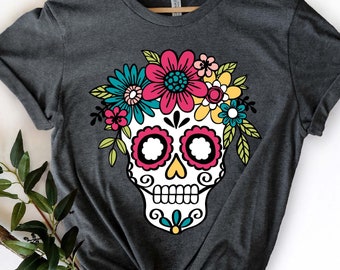 Sugar Skull Flower Crown, Day of the Dead Shirt, Halloween Shirts, Halloween T-shirt For Women, Flower Skull Shirt, Halloween Party Shirt