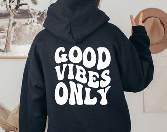 Edjude Women Good Vibes Hoodies Clothes Casual Loose T Shirt Rainbow Graphic Letter Print Long Sleeve Pullover Sweatshirt