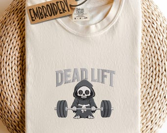 Comfort Colors Embroidered Dead Lift Gym Shirt, Halloween Gift Tee for Fitness Lovers