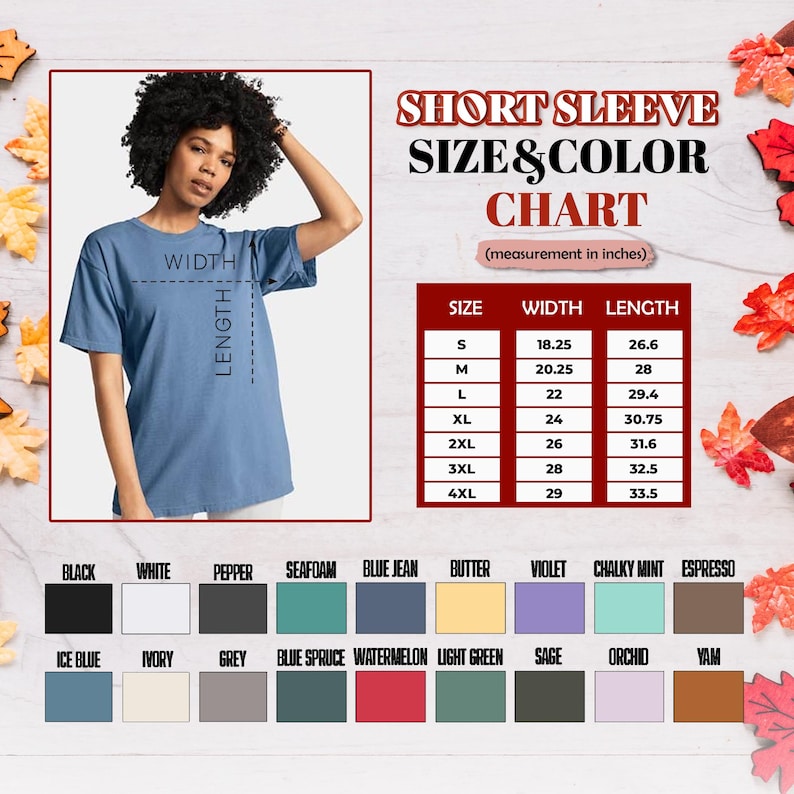 May include: A woman wearing a blue short-sleeve t-shirt. The image includes a size and color chart with measurements in inches. The chart lists sizes S to 4XL with corresponding width and length measurements. Color options include black, white, and other shades.