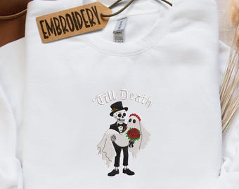 Embroidered Skeleton Groom & Ghost Bride Hoodie, Halloween Couple Sweatshirt