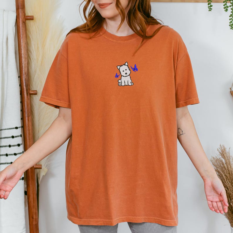 Comfort Colors Embroidered Westie And Butterfly T-Shirt, Embroidery Westie Mom Shirt, Dog Mom Gift, Highland Terrier Shirt, Westie Lover Tee image 2
