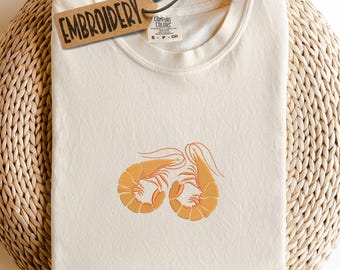 Comfort Colors Embroidered Shirt, Shrimp Design Shirt, Fishing Shirt, Funny Coastal Beach Tee, Unisex Crewneck Shirt, Coastal Party Tee