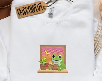 Embroidered Sweatshirt, Bookish Frog Design Hoodie, Funny Gift Hoodie for Readers, Frog Reading in Window, Librarian Teacher Sweatshirt