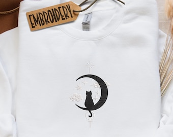 Embroidered Celestial Sweatshirt, Black Cat Embroidery Hoodie, Cat Moon Sweatshirt, Spiritual Sweatshirt, Mystical Moon Hoodie, Mystic Moon