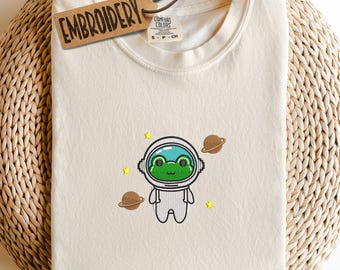 Comfort Colors Embroidered Shirt, Funny Cute Astronaut Frog Shirt, Whimsical Sci Fi Apparel, Space Lover Gift Shirt, Frogcore Shirt