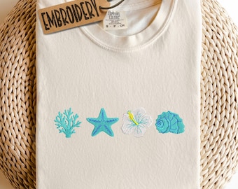 Comfort Colors Embroidered Shirt, Starfish Seashell Coral Flower Shirt, Ocean Lover Gift Shirt, Summer Outfit Aesthetic Nautical Shirt