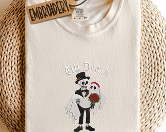 Comfort Colors Embroidered Skeleton Groom & Ghost Bride Shirt, Halloween Couple Tee