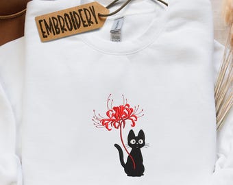 Embroidered Floral Cat Sweatshirt, Black Cat Embroidery Sweatshirt, Gift for Cat Mom, Wildflower Hoodie, Cat Lover Sweatshirt, Cat Gift