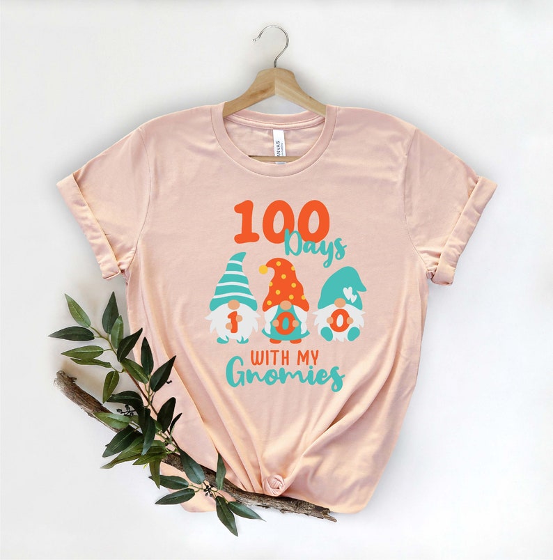 May include: A light pink t-shirt with the text "100 Days with my Gnomies" and three gnome illustrations. The gnomes have colorful hats and the number "1", "0", and "0" on their bodies. The shirt is hanging on a wooden hanger.