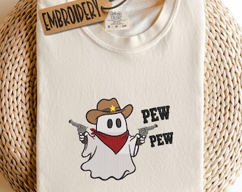 Comfort Colors Embroidered Cowboy Ghost Halloween Tee, Western Gift, Pew Pew Tee