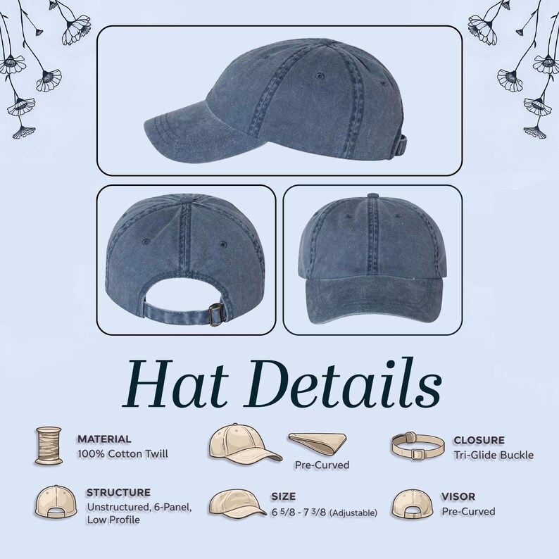 Puede incluir: Gorra de b&eacute;isbol azul de sarga de algod&oacute;n con visera precurvada y cierre de hebilla tri-glide. El sombrero no tiene estructura, con un dise&ntilde;o de 6 paneles y de perfil bajo. La talla es ajustable, de 6 5/8 a 7 3/8.