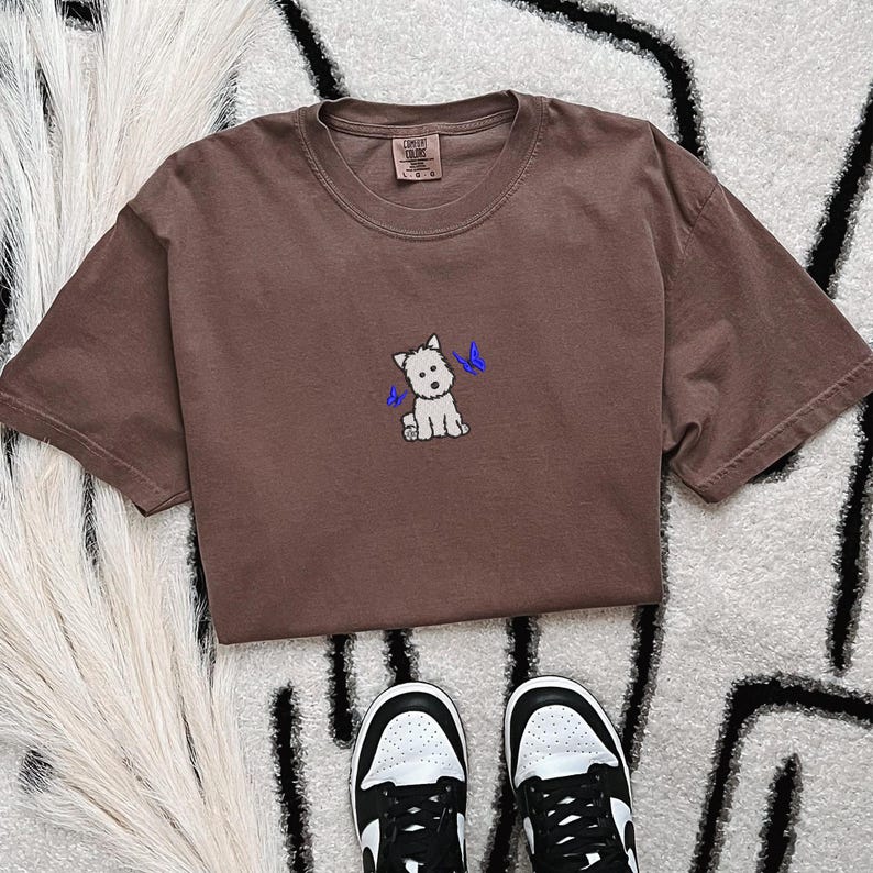 Comfort Colors Embroidered Westie And Butterfly T-Shirt, Embroidery Westie Mom Shirt, Dog Mom Gift, Highland Terrier Shirt, Westie Lover Tee image 5