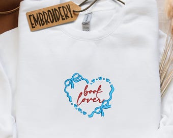 Book Lover Sweatshirt, Embroidered Minimal Heart Sweatshirt, Embroidery Coquette Bow Sweatshirt, Reading Club Group Hoodie, Book Club Gift