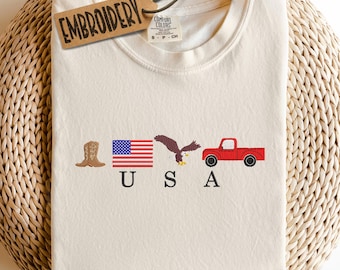 Comfort Colors Embroidered Shirt, 4th Of July T-Shirt, America T-Shirt, USA Shirt, Patriotic Shirt, Eagle Shirt, Minimalist Style USA Shirt