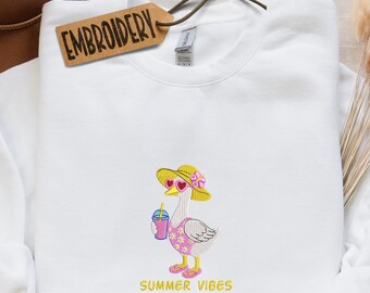 Embroidered Goose Summer Vibes Sweatshirt, Beach Goose Hoodie, Summer Aesthetic Sweatshirt, Vacation Outfit Sweatshirt, Ocean Sweatshirt