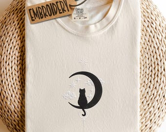 Comfort Colors Embroidered Celestial Shirt, Black Cat Embroidery Shirt, Cat Moon Shirt, Spiritual Shirt, Mystical Moon Shirt, Mystic Moon
