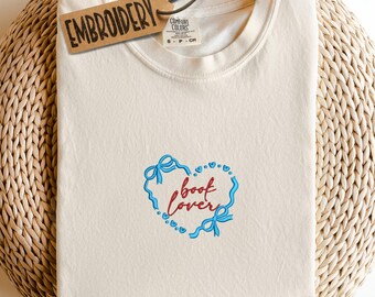 Comfort Colors Book Lover Shirt, Embroidered Minimal Heart Shirt, Embroidery Coquette Bow Shirt, Reading Club Group Shirt, Book Club Gift