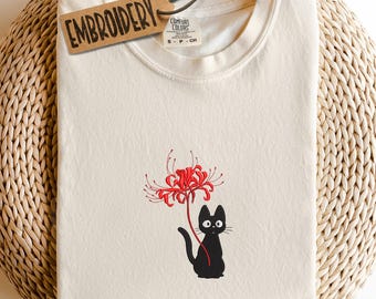 Comfort Colors Embroidered Floral Cat Shirt, Black Cat Embroidery Shirt, Gift for Cat Mom, Wildflower Shirt, Cat Lover T-shirt, Cat Gift