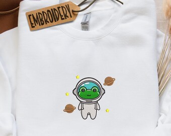 Embroidered Sweatshirt, Funny Cute Astronaut Frog Sweatshirt, Whimsical Sci Fi Apparel, Space Lover Gift Hoodie, Frogcore Hoodie