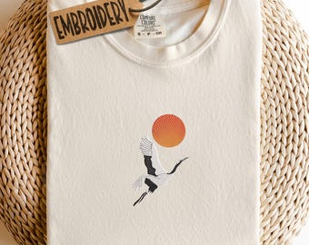 Comfort Colors Embroidered Shirt, Japanese Crane T-Shirt, Bird Lover Shirt, Nature Lover Shirt, Rising Sun Shirt, Minimalist Design Shirt