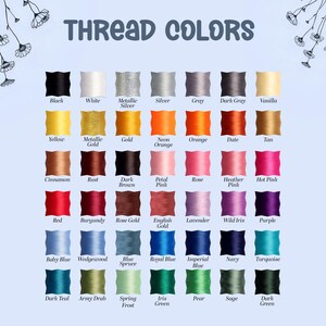 Puede incluir: Una carta de colores que muestra una variedad de colores de hilo, incluyendo negro, blanco, plata y oro. El texto "THREAD COLORS" est&aacute; en la parte superior. Cada color est&aacute; etiquetado con su nombre, como "Baby Blue" y "Hot Pink".