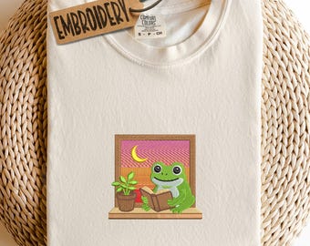 Comfort Colors Embroidered Shirt, Bookish Frog Design Shirt, Funny Gift for Readers, Frog Reading in Window, Librarian Teacher Shirt