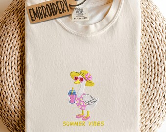 Comfort Colors Embroidered Goose Summer Vibes Shirt, Beach Goose Shirt, Summer Aesthetic Shirt, Vacation Outfit Shirt, Ocean T-Shirt