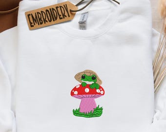 Embroidered Frog Mushroom Sweatshirt, Funny Frog Sweatshirt,  Embroidery Cottagecore Sweatshirt, Woodland Forest Hoodie, Nature Lover Gift
