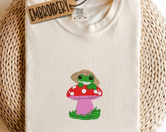Comfort Colors Embroidered Frog Mushroom Shirt, Funny Frog Shirt,  Embroidery Cottagecore Shirt, Woodland Forest Shirt, Nature Lover Gift