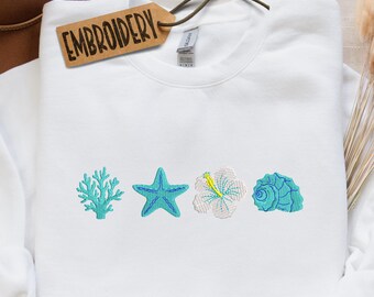 Embroidered Sweatshirt, Starfish Seashell Coral Flower Hoodie, Ocean Lover Gift Hoodie, Summer Outfit, Aesthetic Nautical Sweatshirt