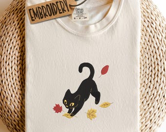 Comfort Colors Embroidered Shirt, Black Cat & Leaf Shirt, Cozy Fall Vibes Shirt, Black Cat Crewneck Shirt, Pouncing in Autumn Leaves