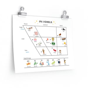 May include: A white poster titled "IPA VOWELS" with a diagram of vowel sounds. The poster is held by two silver binder clips. The diagram includes illustrations and phonetic symbols, such as a cake, a bed, and a hand.