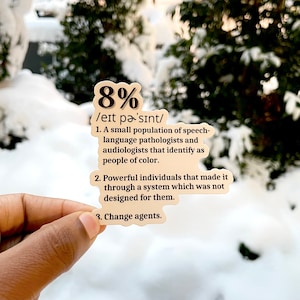May include: A beige sticker with the text "8% /ext pa'sınt/" and a definition of the term. The definition is: "1. A small population of speech-language pathologists and audiologists that identify as people of colour. 2. Powerful individuals that made it through a system which was not designed for them. 3. Change agents."
