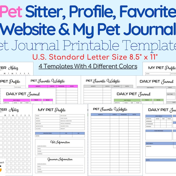 Printable Pet Journal Template Collection,  Pet Sitter, Profile, Favorite Website, My Pet Journal, Digital Planner Templates, Insert Planner