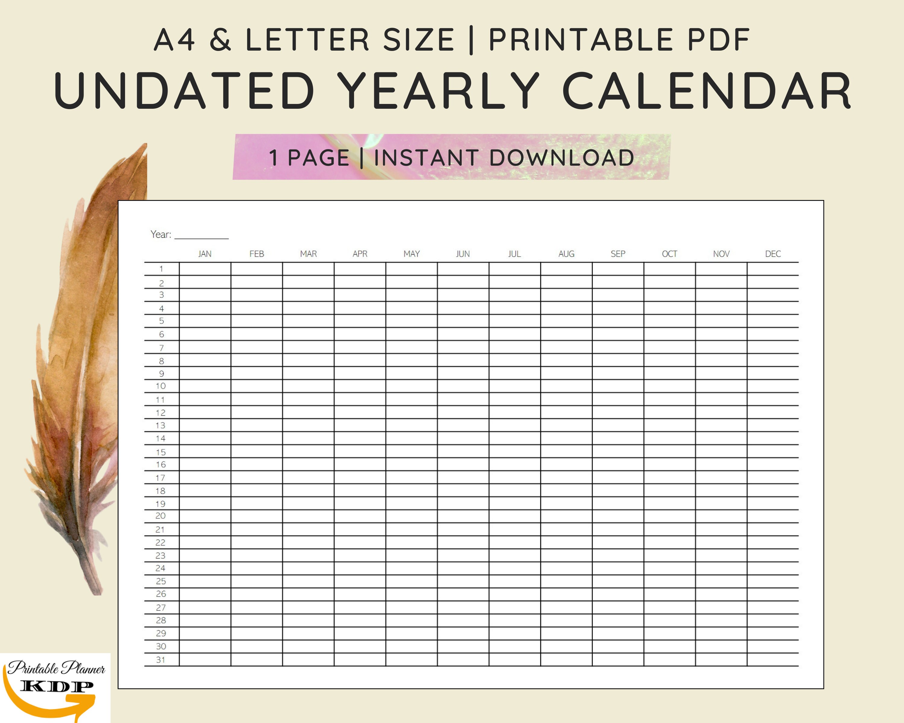 Undated Yearly Calendar Printable Landscape Year At A Glance Etsy Undated yearly calendar printable landscape year at a glance etsy