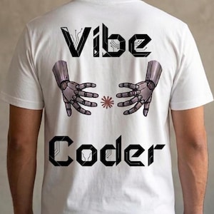 Op de afbeelding: Wit t-shirt met de woorden "Vibe Coder" in zwarte, gestileerde letters. Het ontwerp bevat twee robotachtige handen die naar een kleine, roodbruine ster reiken. Het woord "Vibe" heeft details van printplaten.
