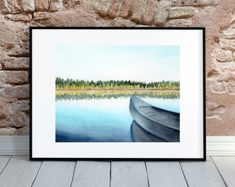 Lake art watercolor PRINT, canoe art, nature lover gift, lake print, adventure art, camping art, gift for him, gift for her, 5x7, 8x10