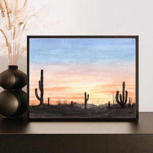 Sunset wall art print, desert sunset painting, saguaro cactus art, cactus lover gift, Arizona art, western decor, host gift, Southwest art