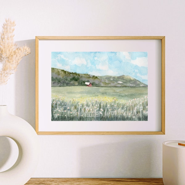 Countryside art original watercolor painting, farmhouse decor, rural landscape, tranquil wall art, nature lover gift for birthday, 5"x7"