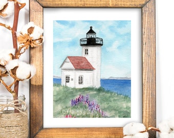 Lighthouse Watercolor Art Print: Coastal Beach House Decor