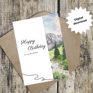 Cartão de aniversário para impressão, cartão de aniversário para amigo, para ele, cartão digital, aquarela, cartões comemorativos, download instantâneo, amante da montanha, 5x7