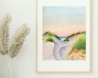 Beach dunes sunset watercolor PRINT, beach house art, gift for ocean lover, fine art print, host gift, gift for her, coastal art, 5x7, 8x10