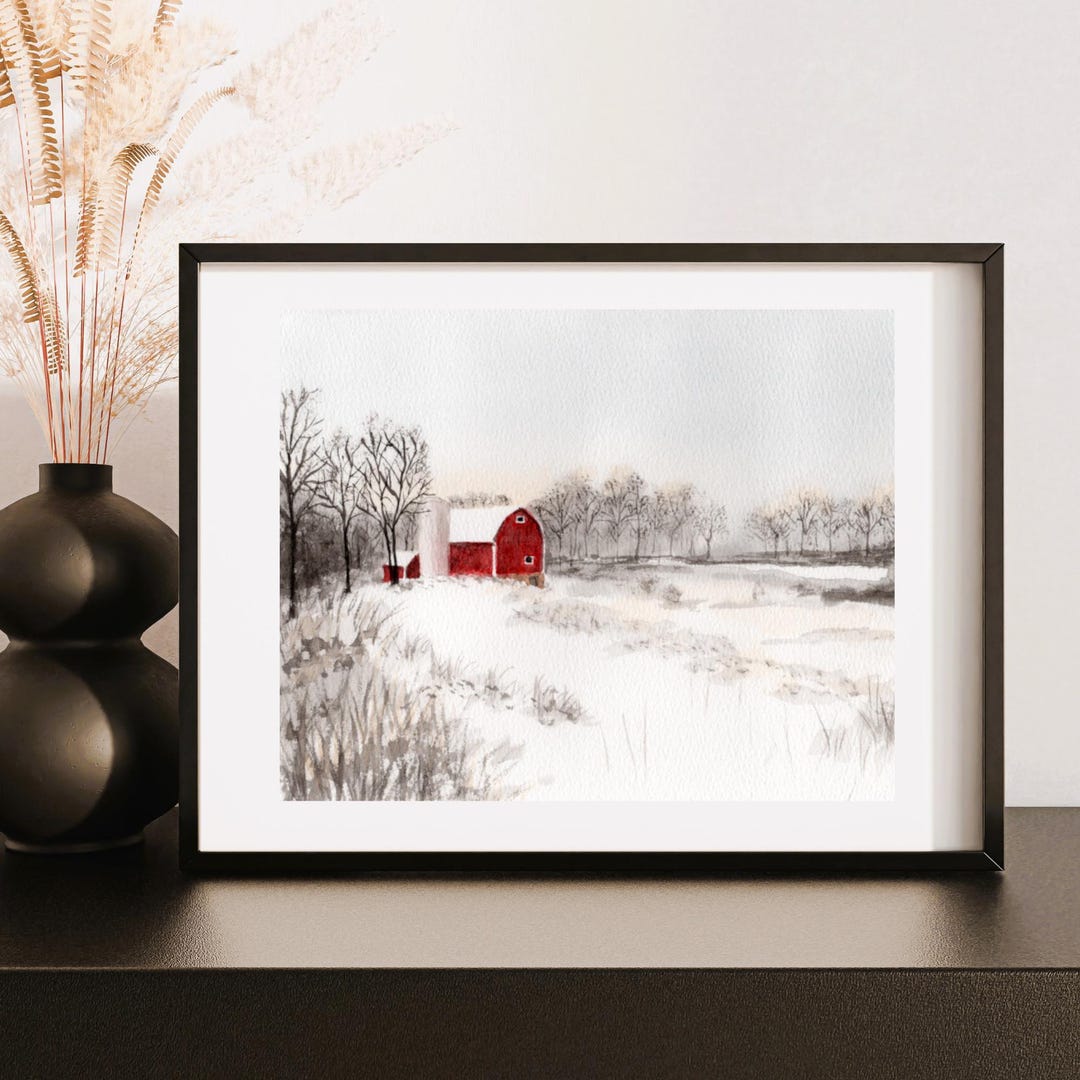 Red Barn in Snow Print, Snow Landscape, Winter Barn Painting ...