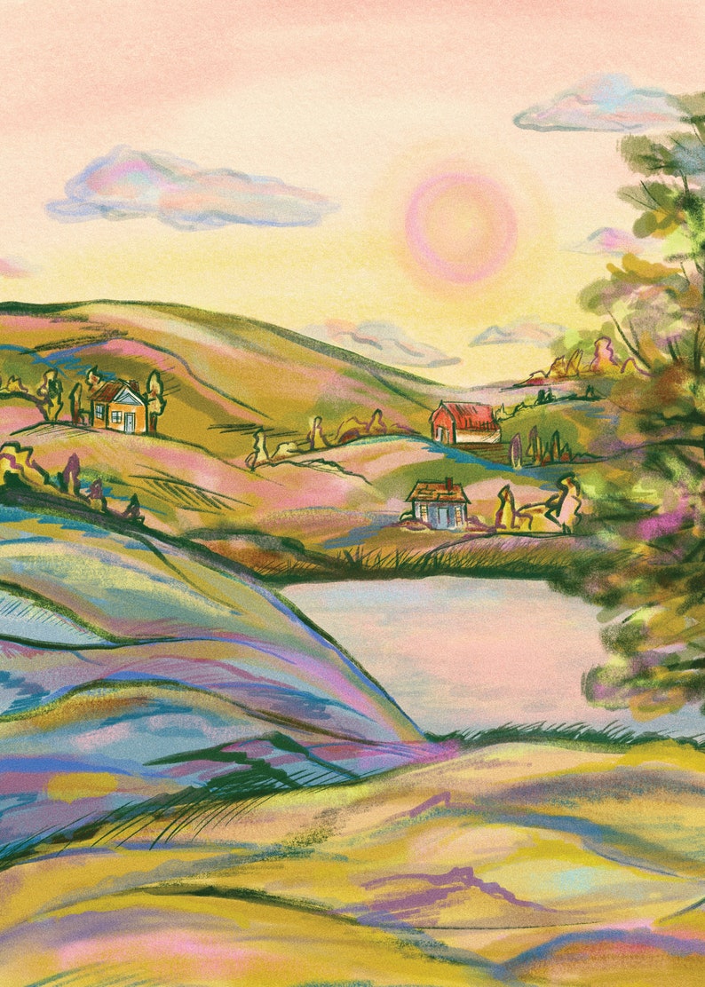 Pastel Hills 5x7 Print Digital Drawing image 3